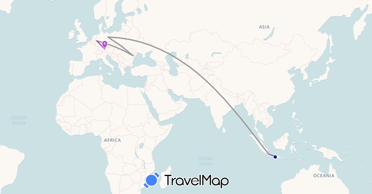 TravelMap itinerary: driving, plane, train in Germany, Indonesia, Romania (Asia, Europe)